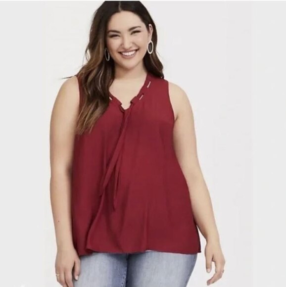 Torrid Cut Out Burgundy Red Tie Neck Crepe Sleeveless Tank Top Blouse Size 4X - Picture 13 of 13